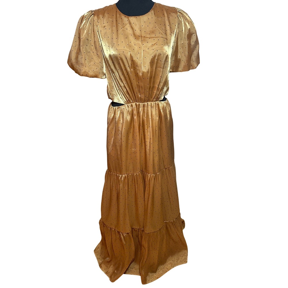 WAYF Womens Gold Metallic Polka Dot Tiered Cut-Out Maxi Dress SZ M Short Sleeve